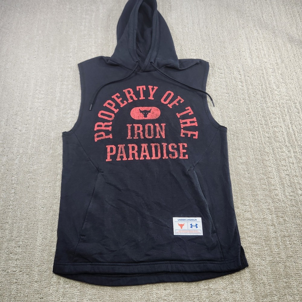 Under Armour Sleeveless Hoodie Men Small Project Rock Fleece Black Bodybuilding